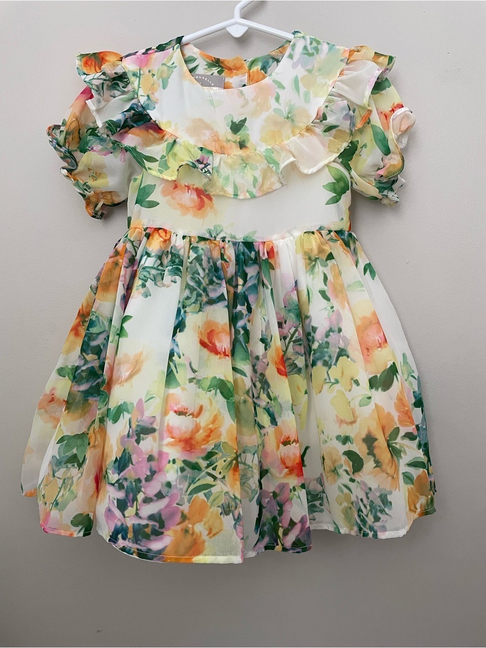 Girls White Floral Dress Yellow Green Ruffle 2T
